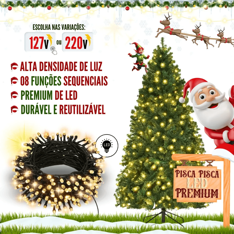 Árvore de Natal Clássica 1.8m + Enfeites e Piscas